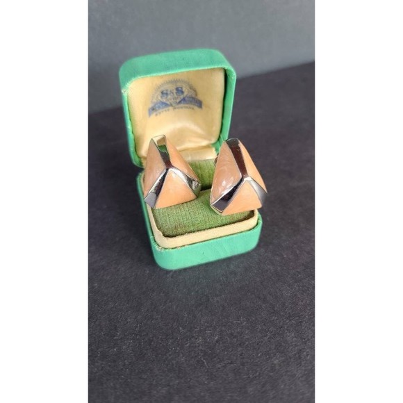 Triangular Silver and Apricot Screwback Earrings - Picture 3 of 10